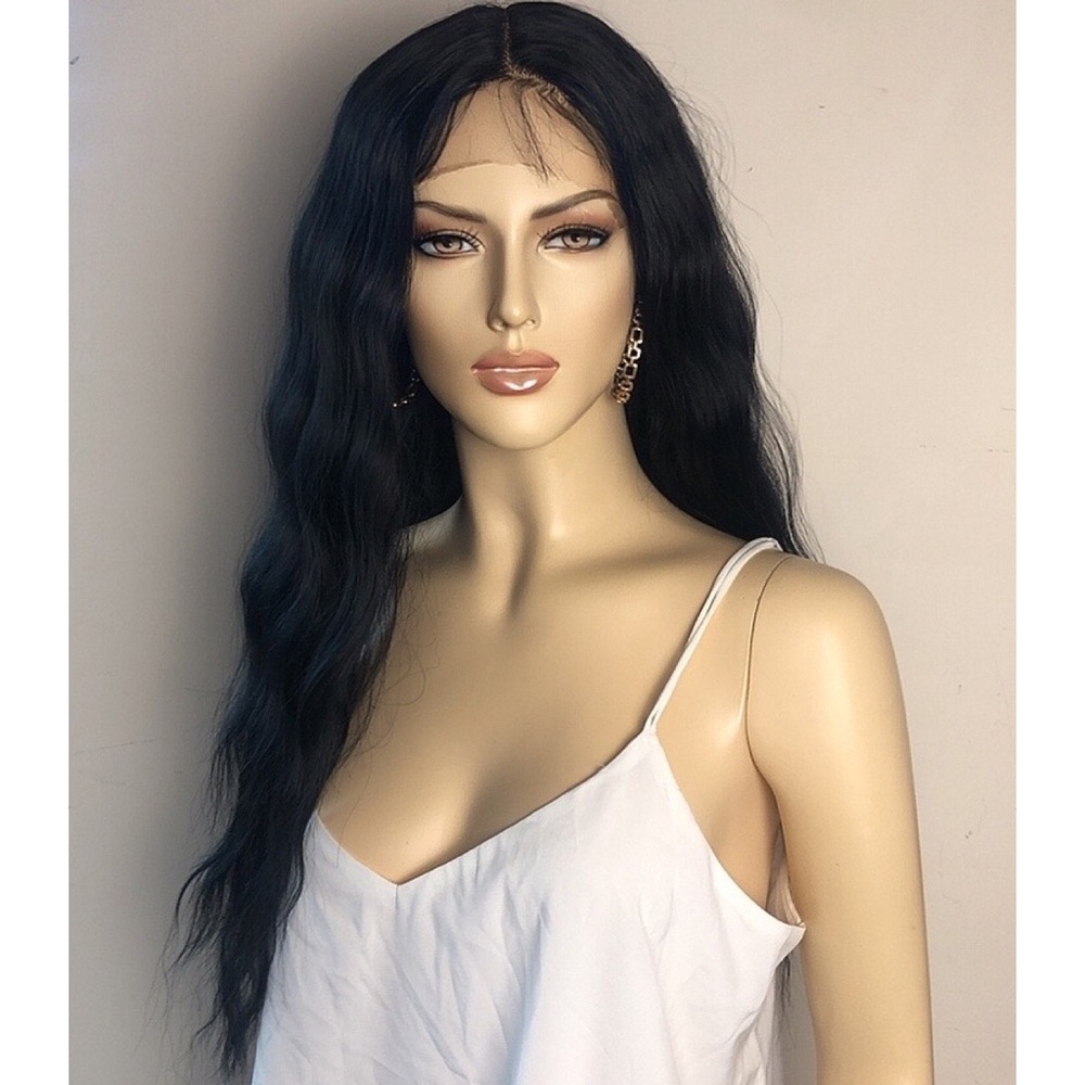 Black Color 1 Wavy Straight  Middle Part Baby Hairs 24” Long Synthetic Lace Wig